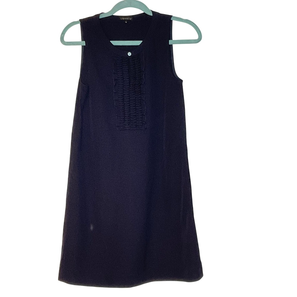 THEORY women's dress Fidelia Poet navy blue ruffle front shift wool sleeveless 0